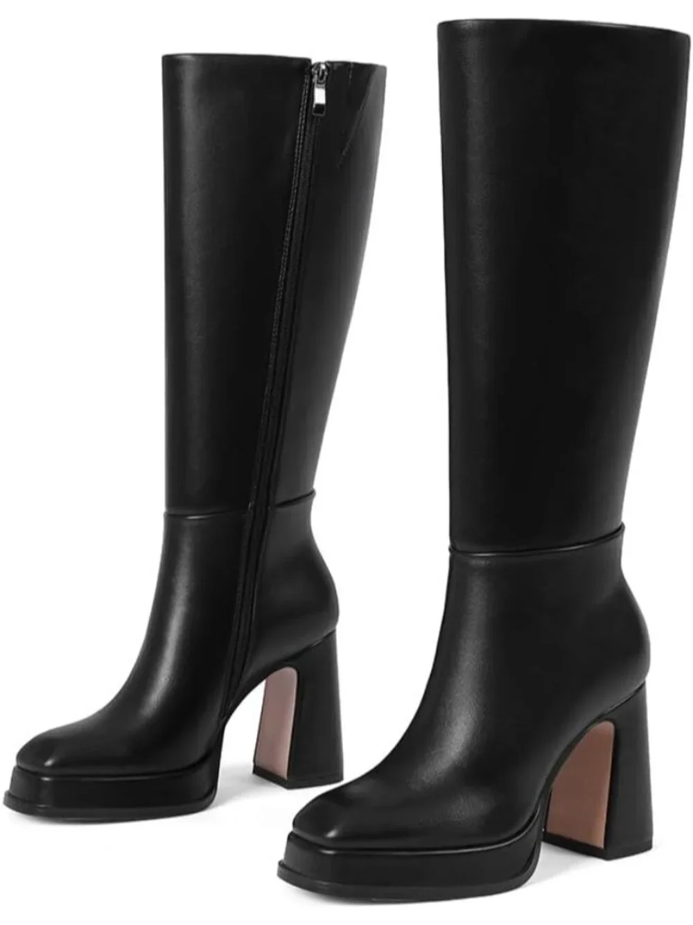 Women's Black Faux Leather Fall Chunky Heel Over The Knee Thigh High Boots